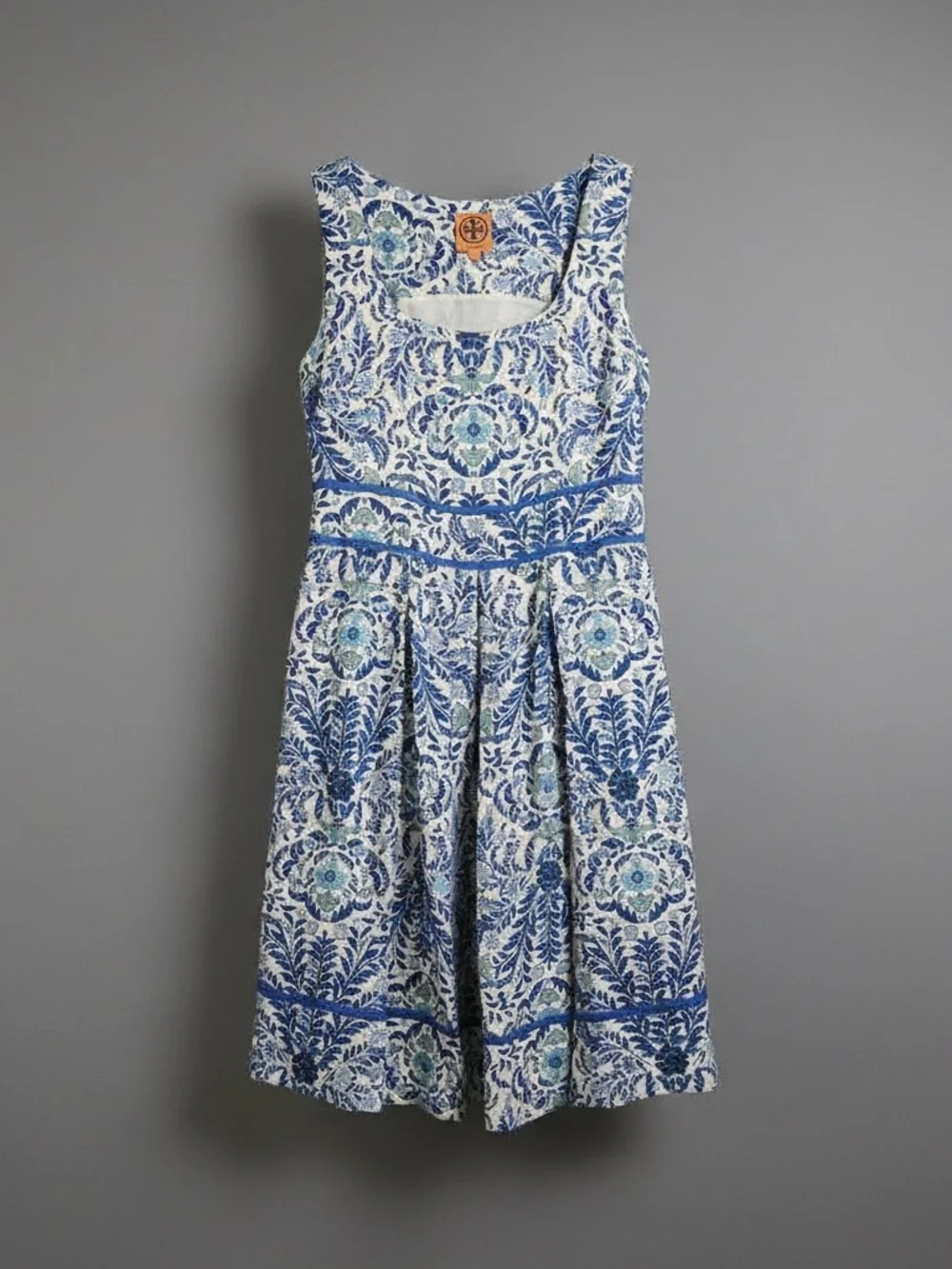 Tory Burch Linen Silk Floral Fit & Flare Dress Blue White Size 6